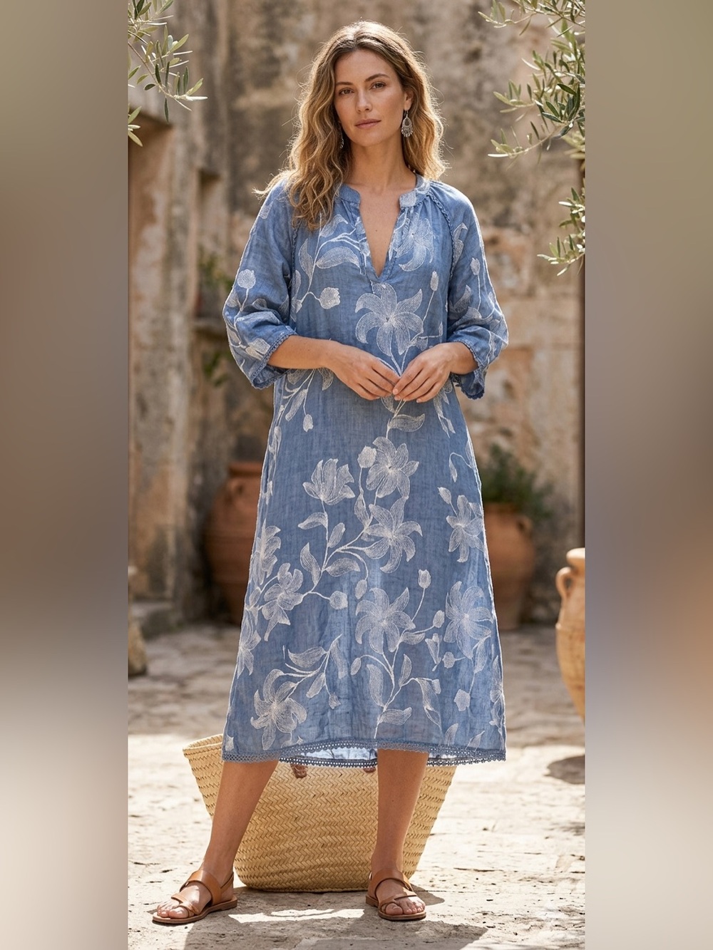 Puro Lino 100% Linen Made in Italy Blue and White Floral Midi Dress Size OS